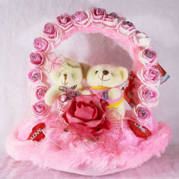 Beautiful Pink Imported Rose Handle Heart with Love Couple Teddy Bears